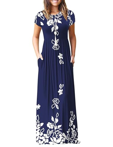 Image of MISFAY Women's Short Sleeve Maxi Dresses Long Casual Dresses with Pockets | Empire Elastic Waist, Crew Neck, Floor Length, Strentchy Flowy A Line Fit, Loose Plain Summer Outfits, Vacation Wear