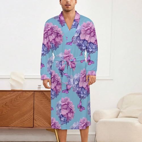 Purple Hydrangeas Butterfly Soft Robe Long Sleeve Bathrobes V Neck Sleepwear Spa Robes with Belt Men Woman2