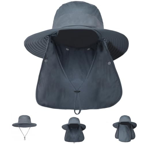 Image of Sun Hat Bucket Hats for Men Women,Outdoor Wide Brim Fishing Hat with Detachable Face Cover & Neck Flap UV Protection