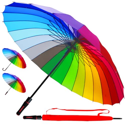 60MPH StormDefender 24 Rib Large Strong Windproof Rainbow Golf Umbrella - Extra Strong - XL Big Colourful Umbrella for Adults - Automatic Reinforced Frame with Fiberglass - Straight Handle - Men Women