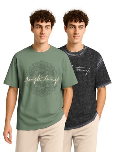 Image of BULLMER Trendy Half Sleeve Oversized Cotton Blend Crew Neck Tshirt for Men - Pack of 2