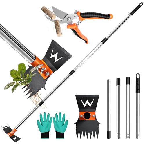 Garden Hoe & Weed Puller Tool with Long Handle 60 Inch Manual Weed Remover Tool 3-in-1 Weed Rake & Grabber & Pruning Shears Dandelion Gardenia Heavy Duty Uprooting Tool for Yard Lawn and Garden