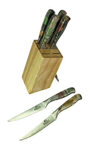 6 Pc Camo Steak Knife W/ Wood Block by River's Edge 1920