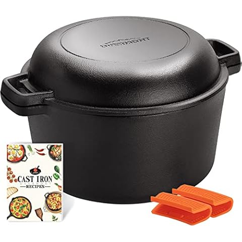 Overmont 2 in 1 Cast Iron Dutch Oven with Cookbook Recipe 5 QT Dutch Oven Pot + 1.6 QT Dual Function Skillet Lid Pre Seasoned with Handle Covers for Camping Home Cooking BBQ Baking Cover