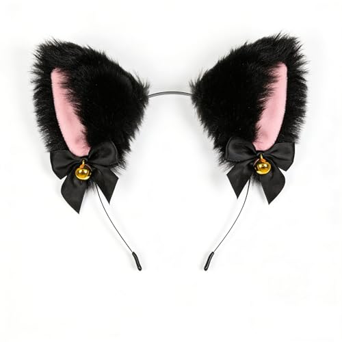 Tierohr Haarreif mit Schwarzem Kunstfell Rosa Innenohren Glocken und Schleife Halloween Cosplay Kostüm Accessoire für Damen (Schwarz)