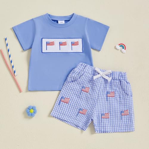 Image of Kayotuas Fourth Of July Toddler Boy Outfit Baby American Flag Clothes Patriotic Shirt Striped Gingham Shorts 2Pcs Summer Sets