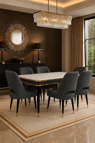 Image of WOODEN SPACE 6-Seater Wooden Dining Table Set | Nano Composite Marble Top | Solid Wood Base | Modern Dining Room Furniture with 6 Chairs (Dark Grey Vintage)