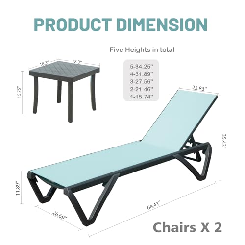 Domi Outdoor Living LLDZ0585-LBT-0402 Domi Patio Lounge Chairs Set Of 3, Aluminum Pool Chaise Lounge With Side Table,5 Position Adjustable Backrest And Wheels thumb #1