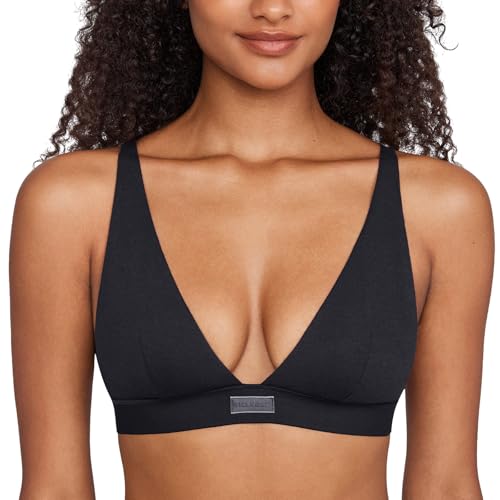 INLYRIC Women's Cotton Plunge Bralette - Sexy Unlined Triangle Breathable Wireless Stretch No Padding Deep V Bra Black Small