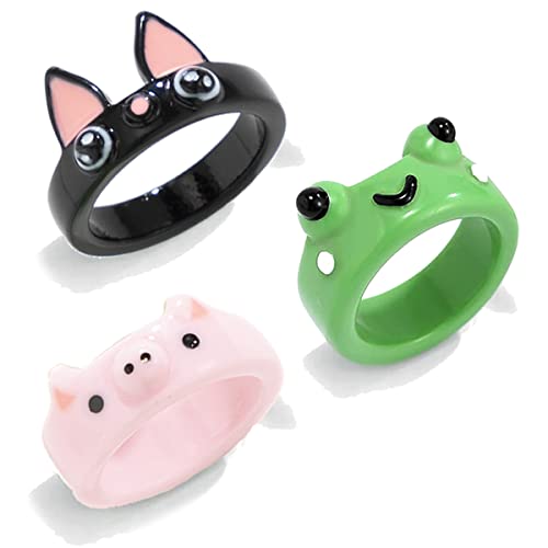 Lianiser Black Cat Frog Ring Pig 3D Cute Resin Acrylic Aesthetic Blue Pink Green Kawaii Animal Smiley Face Mood Hug Stacking Y2K Finger Simple Trendy Clay Plastic Jewelry Colorful Friendship Matching Rings For Women Men Teen Girl Boy Set Pack Cartoon Stackable Funny-Black Cat1+Pig+Frog #TOP6