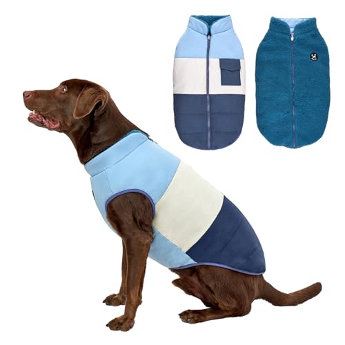 Arblina Hundemantel, Wasserdichter Wintermantel Hund mit Fleece-Futterung für Mittelgroße & Große Hunde, Zweiseitig Tragbarer Winterjacke Hund mit ReißVerschluss, Blau, XXL
