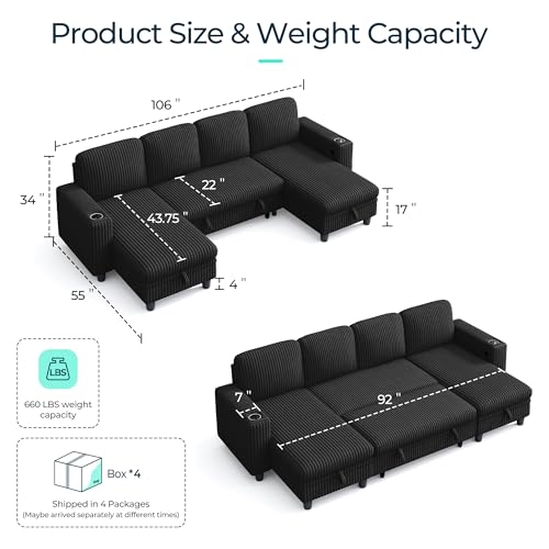 Image of LINSY HOME Sectional Sleeper Sofa Pull Out Couches for Living Room (Black, Sleeper Sofa 3) | Pull Out Sofa Bed, Storage, USB Charging, Cup Holders, Plush Corduroy