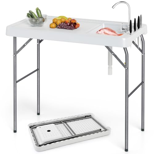 GYMAX Table Extérieure avec Robinet Pliable, pour Camping, Pique-Nique, Barbecue, Design Pliable Portable, Rainures pour Rangement des ustensiles, Table de Préparation...