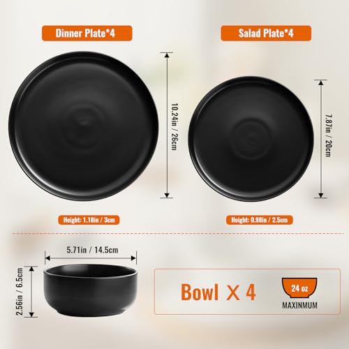 EWFEN Plates and Bowls Sets, Dinnerware Sets for 4, 12 Pieces Scratch Resistant Dishware Dishes Set, Ceramic Kitchen Dinner Set, Porcelain & Microwave and Dishwasher Safe, Black - Image 5