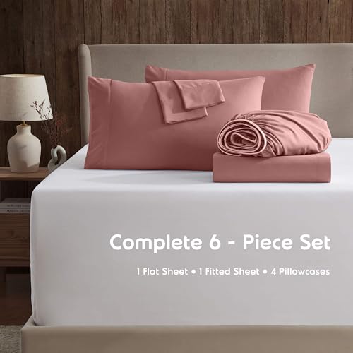 Image of Nestl Extra Deep Cal King Sheet Set - 6 Piece Breathable & Cooling Sheets - Hotel Luxury Bedding Set w /18-24 Inch Deep Pockets - Easy & Secure Fit - Super Soft, Wrinkle Free & Comfy - Pink Clay