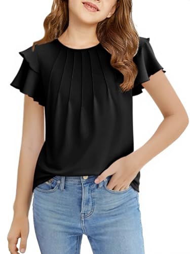 Image of Haloumoning Girls Pleated Ruffle Short Sleeve Shirts Kids Summer Crewneck T-Shirts Fashion Tops Tees 5-14 Years
