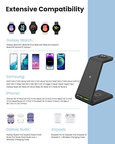 Wireless Charger for Samsung&Android: JoyGeek 3 in 1 Charging Station for Galaxy Watch5 Pro/4/3/Active2/1 - Phone Charger Stand for S23 Ultra/S22/S21/S20/Note 20, Z Fold&Flip Series, Buds2 Pro
