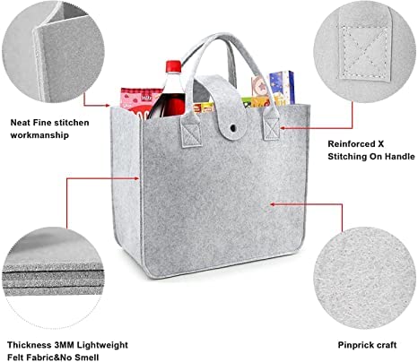 Image of Felt Fabric Reusable Shopping Bag with Handle & Button Closure for Grocery, School, Beach, Travel, Study, Gym, Gifts | Size - 30x34.5x17.8cm