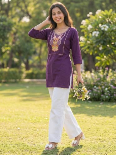 Image of Cotton Blend Embroidered Straight Kurta for Women | Cotton Blend | 3 /4 Sleeve | Round Neck V-Slit | Ethnic Wear Casual Wear