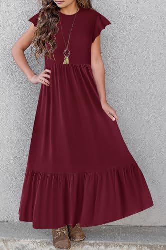 HOSIKA Girls Summer Ruffle Short Sleeve Crew Neck Loose Casual Flowy Tiered Maxi Dress with Pockets for 6-12 Y4