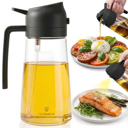 Image of H Houseware 2-in-1 Oil Dispenser Bottle and Sprayer | 520ml Kitchen Oil Spray Pump With Pour Spout Glass Bottle | Refillable Leakproof Cooking Sprayer for Healthy Cooking and Salad Making