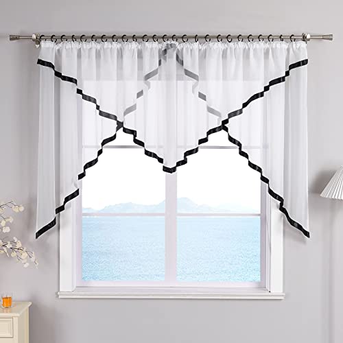ESLIR Panel curtain with ruffle tape curtains kitchen bistro curtains transparent curtains with satin ribbon voile black H x W 145 x 300 cm 1 piece