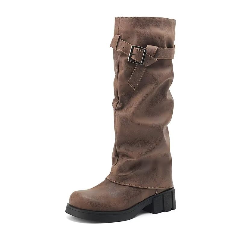 Women Buckle Fold Over Knee High Slouchy Boots Combat Riding Biker Moto Platform Chunky Heel Tall Boots