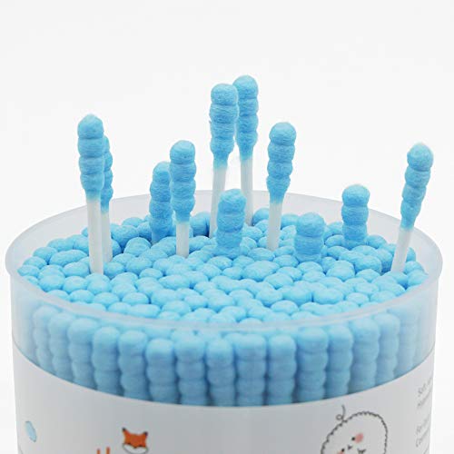 Image of Blue Cotton Swabs Spiral - 400 Count Organic Cotton Buds Double Side Tightly Wrapped Cotton Tips Paper Stick Soft Gentle Lint-Free Cruelty-Free, Round & Spiral (Blue)