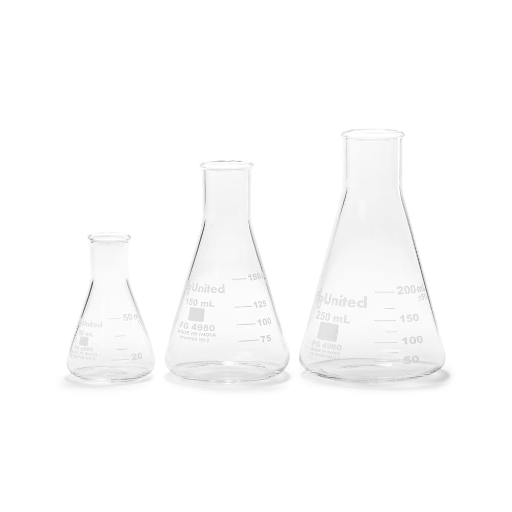 [BRSROGL5O4NAYYA3] United Scientific™ Glass Erlenmeyer Flask Set, 50/150/250ml, Lab Glassware