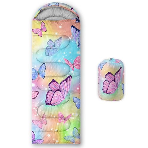 Smell Sunshine Kids Sleeping Bag for Boys Girls,Watercolor Rainbow Butterfly-Lightweight Warm Outdoor Indoor-Waterproof Cold Weather Resistant Sleeping Bag for Camping Hiking(Butterfly)