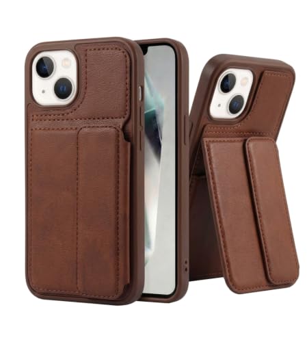 Image of amazon basics Luxury Vegan Leather Back Cover for iPhone 12 | Built-in Card Holder Slot | Integrated Mobile Stand | Slim Shockproof Protective Case with Stitched Finish - Brown