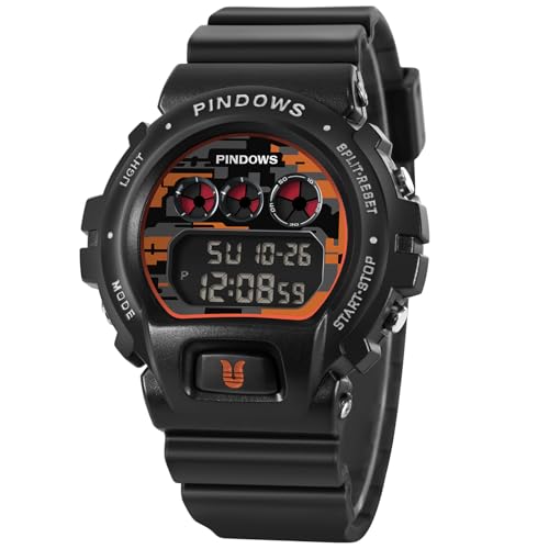 PINDOWSストップウォッチ、アラーム、タイマー付きメンズデジタルスポーツ腕時計50Mの防水仕様LEDバックライト付き多機能メンズタクティカル腕時計