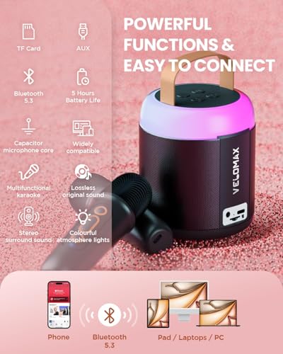 Image of VELOMAX Karaoke Mic with Speaker for Kids, 360 Surround Sound with Ambiance Light, Wireless Mic with 5 Sound Effects, Mike for Singing with Mini Speaker, Birthday Gifts Toys (2 Microphones)