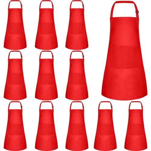 BOUBONI 12 delantales infantiles con 2 bolsillos, delantal ajustable para niños y niñas, delantal de cocina para niños, para cocinar, hornear, pintar, manualidades, actividades de barbacoa (rojo)