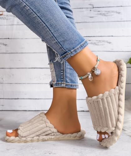 Slippers for Women Corduroy Memory Foam Indoor Slippers Open Toe Slip On Bedroom Comfy House Slide Slipper Shoes