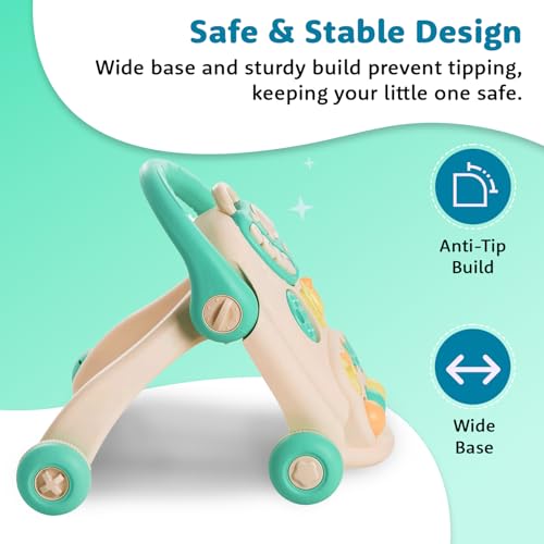 Image of Amazon Brand - Supples Baby Walker with Music, LED Lights & Handle | Push Activity Walker with Water /Sand Tank for Stability | Learning Toy for Toddlers 9+ Months | Beige & Sea Green
