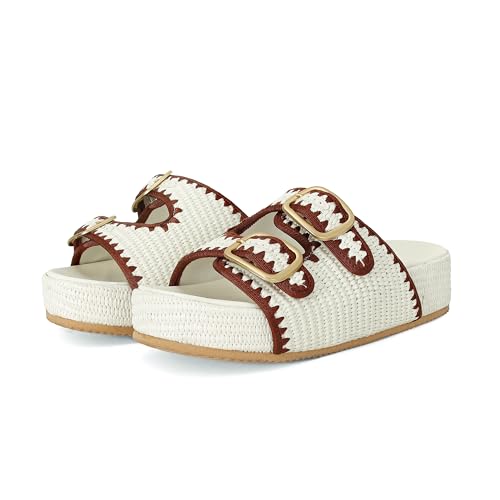 Image of Raffia Sandals for Women Platform Slide Sandals Espadrille Adjustable Double Buckle Summer Comfortable Cute Woven Casual Beach Shoes