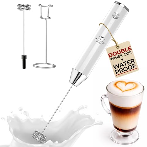 Image of Zulay Kitchen Rechargeable Milk Frother Handheld - Frother Wand, Drink Mixer, Electric Whisk Frother, for Cappuccinos, Matcha & Protein Powder - Lux Double Whisk 2 Speed Waterproof 2000mAh White
