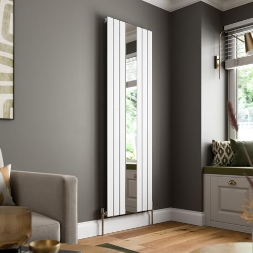Image of DuraTherm® 1800 x 600mm White Vertical Designer Radiator with Mirror Single Column Flat Panel Modern Central Heating Bathroom Radiators