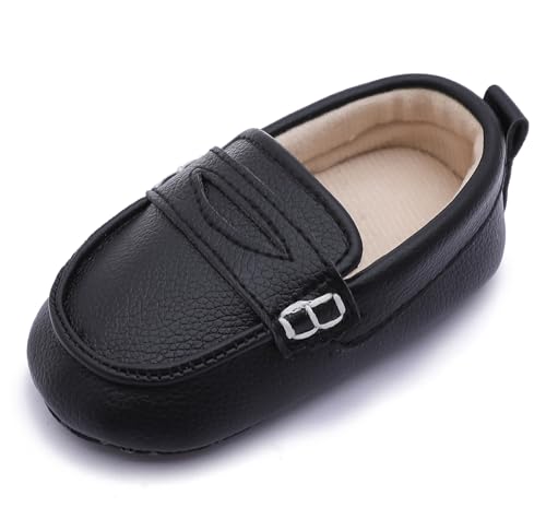 LONSOEN Baby Toddler Boys Girls Loafers Newborn Leather Moccasins Infant First Walking Dress Shoes 0-6 Months, Black BAY235