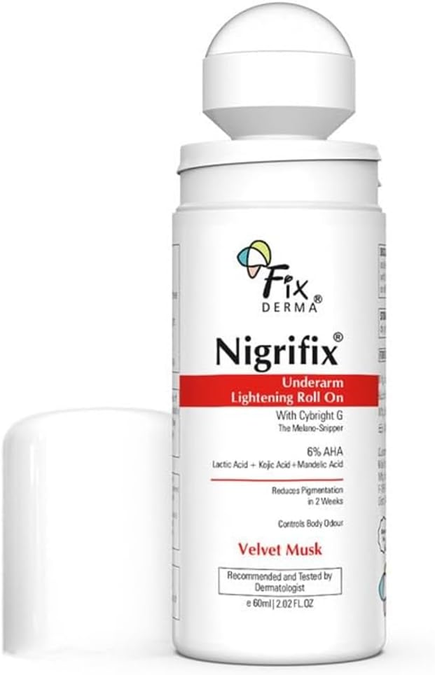 Fixderma Nigrifix Underarm Velvet Musk Roll on With 6% AHA, Lactic Acid & 1% Mandelic Acid & Kojic Acid | Brightens Skin & Exfoliates Underarm | For Sensitive Skin - 60ml