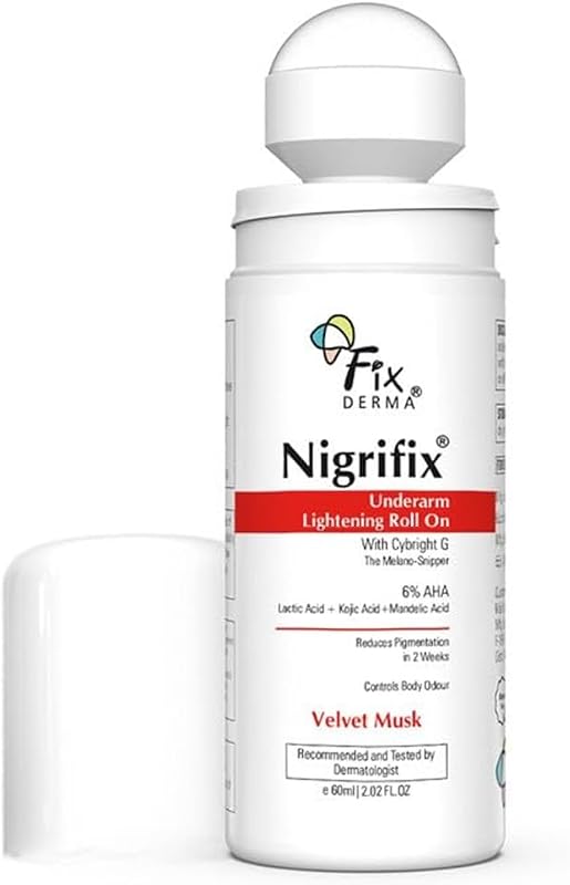 Desodorante roll-on FIXDERMA Nigrifix com fragrância Velvet Musk, 6% AHA, ácido lático, ácido mandélico, ácido kójico e 60 mL