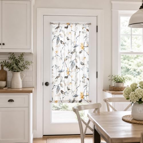 Image of VOGOL Privacy French Patio Door Panels, Grey Birds & Flowers Printed Pattern, Sidelight Sliding Glass Door Curtains with Matching Tieback, 25 x 40 Inches, 1 Piece