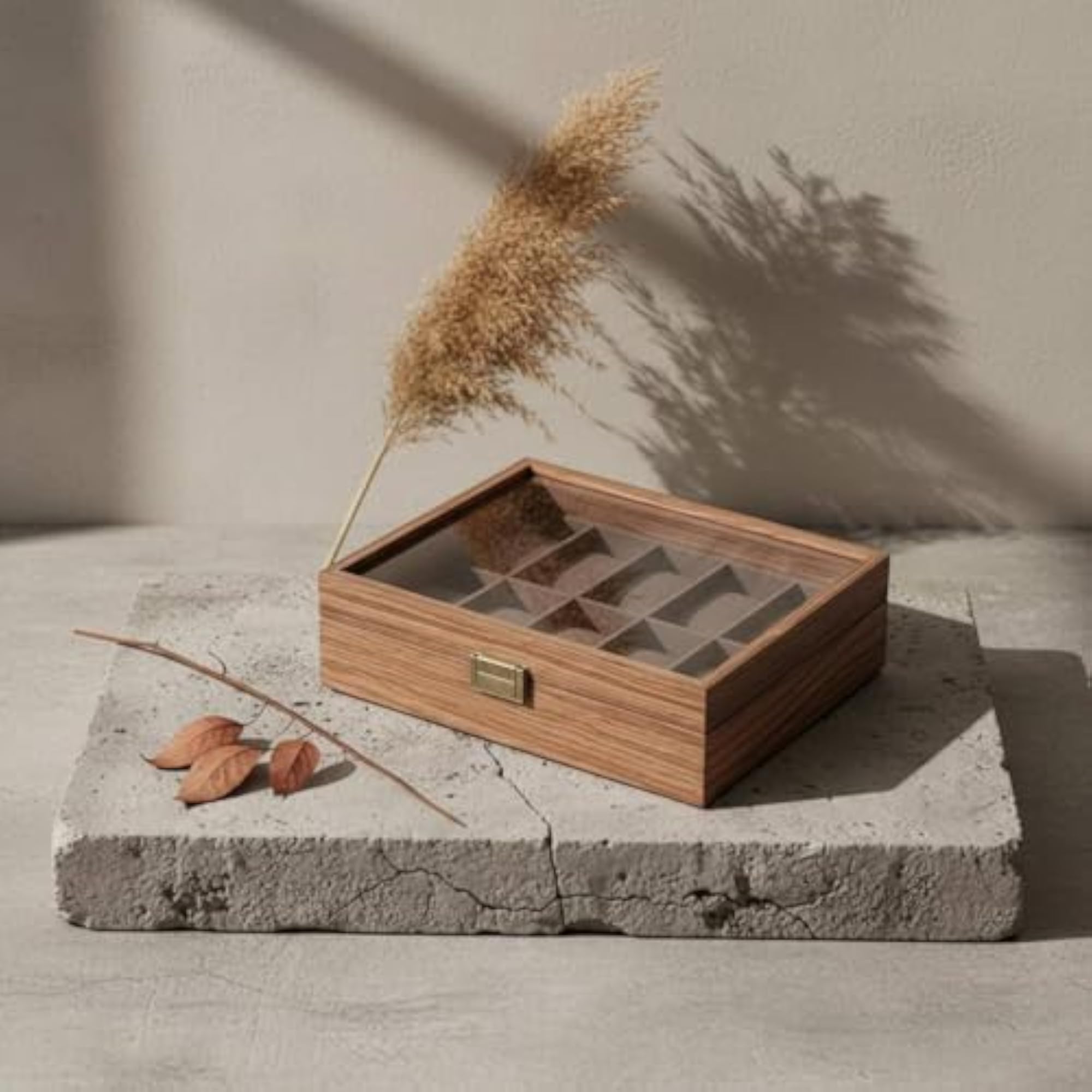 Compartmented Wooden Watch Box, Walnut Tone, 12 Slots
