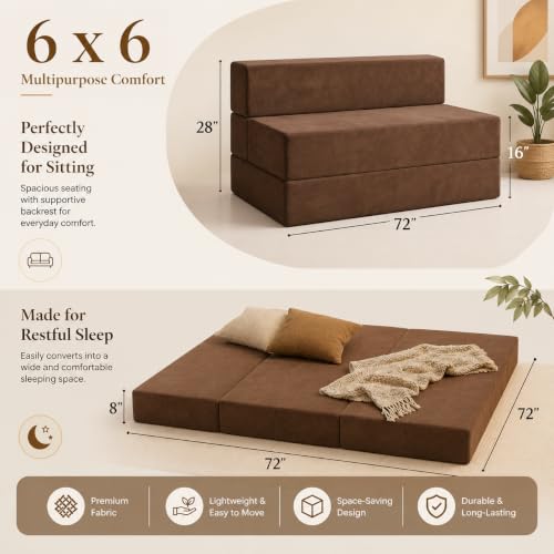 Image of Four Seater Sofa Cum Bed 6x6 Ft with Soft Foam Cushioning, Comfortable Foldable Sofa Bed for Living Room, Bedroom, Guest Room & Office(Brown)