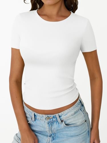 Trendy Queen Womens Short Sleeve Shirts Crewneck Ribbed Knit Slim Fitted T-Shirt Summer Basic Tee 2025 Tops2