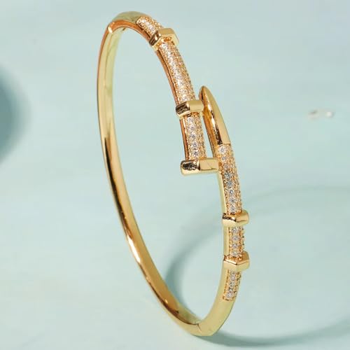 Nail Bangle Bracelet for Women 18K Gold Plated Cubic Zirconia Stones Titanium Steel Bracelet Jewelry Valentines Christmas Gifts3