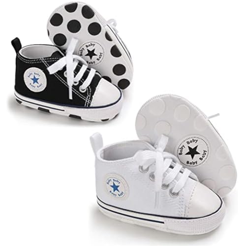 Image of xioqen Unisex Baby Boys Girls Shoes, Newborn Infant Non-Slip Canvas Denim High Top Sneakers, Toddler First Walkers Shoes
