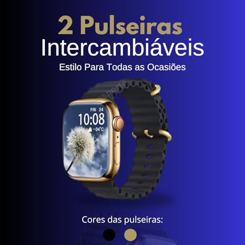 Smartwatch Dourado Premium 2 Pulserias Tela AMOLED 1,75 Polegadas, 100+ Modos Esportivos e Conexão A