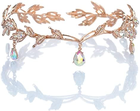 SWEETV Tiaras and Crowns for Women, Wedding Tiara for Bride, Elf Cosplay Crown, Leaf Fairy Costume Headband, Princess Hair Accessories for Prom Photoshoot Halloween, Multicolored